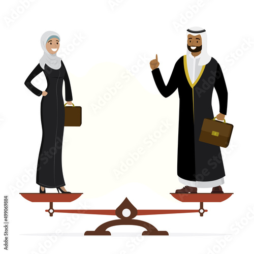 Muslim woman in hijab and arab businessman standing on scales. Gender equality, human rights. Equilibrium, feminist movement. Happy arabic business people, partnership.