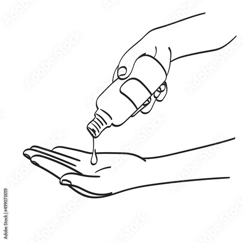 line art hand sanitizer alcohol gel rub clean hands hygiene prevention of coronavirus virus outbreak illustration vector hand drawn isolated on white background