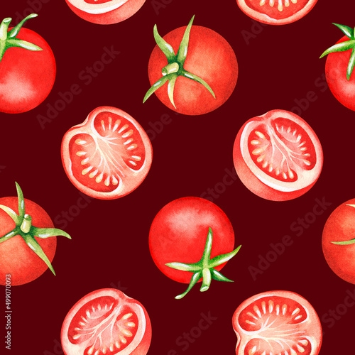 Fototapeta Naklejka Na Ścianę i Meble -  Tomatoes. Seamless pattern. Watercolor illustration. Isolated on a dark red background. For design.
