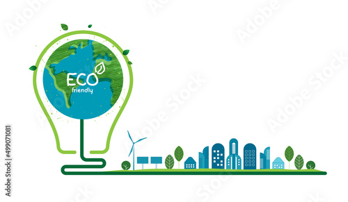 Energy saving eco LED lamp technology nature concept. think green ecology and save energy creative idea concept. environmentally friendly planet. vector design