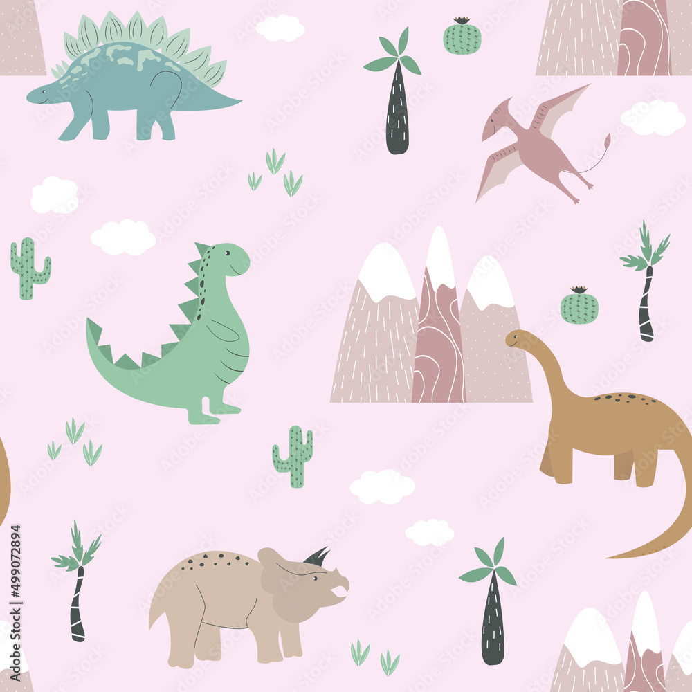 Obraz premium Cartoon dinosaurs kids seamless pattern. Funny animals. Baby print in pastel colors. Vector illustration of dino in Scandinavian style. Cute childish background with dinosaurs.