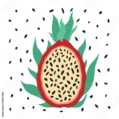Half dragon fruit vector icon. Ripe pitahaya with green leaves, juicy pulp, seeds. Exotic asian dessert, flat cartoon style. Tropical clipart, isolated illustration on white background