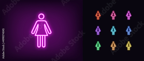 Outline neon woman icon. Glowing neon women silhouette, female person pictogram