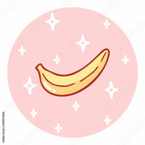 Cute hand-drawn banana in doodle cartoon style. Round composition in neutral candy colors. Kawaii element for card, social media banner, sticker, decoration kids playroom. Vector illustration