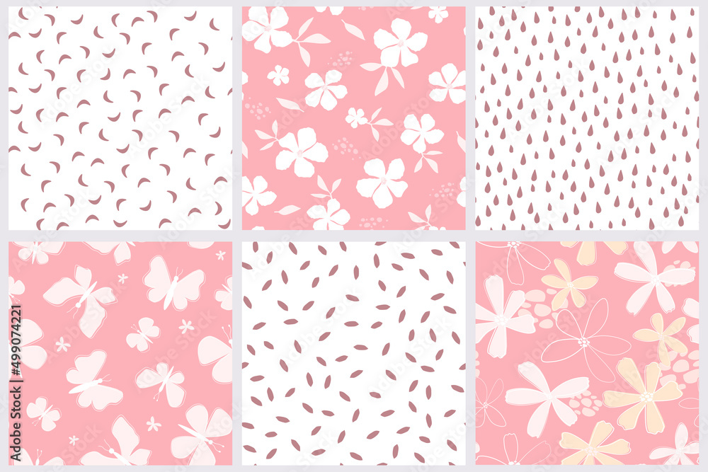 A set of seamless patterns with flowers, butterflies, leaves, raindrops. Natural spring and summer abstract print. Vector graphics. A set of seamless patterns with flowers, butterflies, leaves, raindrops. Natural spring and summer abstract print. Vector graphics.