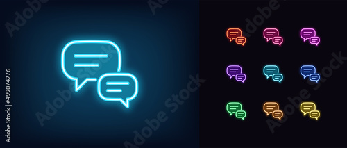 Outline neon chat icon. Glowing neon speech bubble, text message pictogram. Live chat