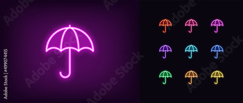 Outline neon umbrella icon. Glowing neon umbrella sign, parasol pictogram. Fashion accessory