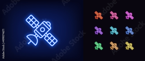 Outline neon space satellite icon. Glowing neon communication satellite, sputnik station pictogram