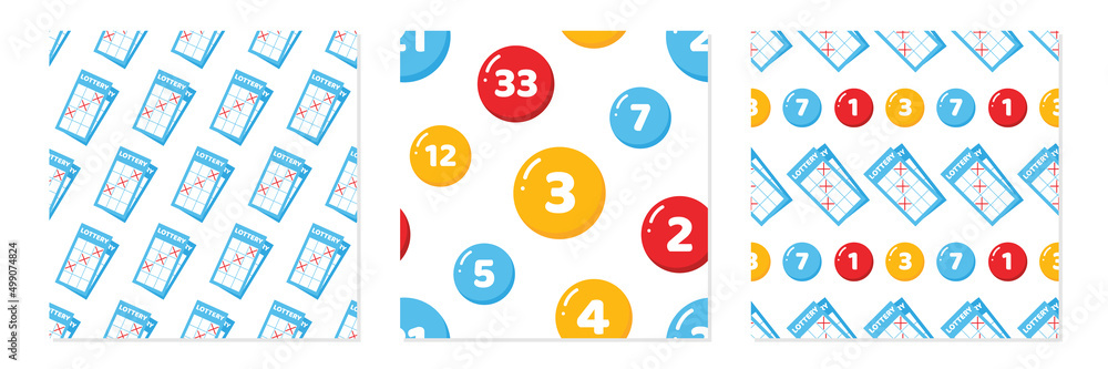 Set, collection of three vector seamless pattern backgrounds with lottery tickets and colorful lottery numbered balls. Set, collection of three vector seamless pattern backgrounds with lottery tickets and colorful lottery numbered balls.