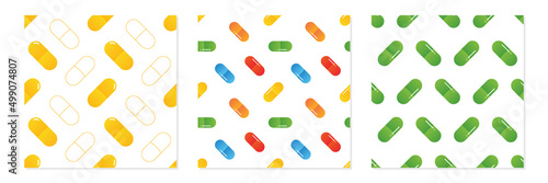 Set, collection of three vector seamless pattern backgrounds with colorful food supplements, pills, medications for healthcare, medical design.
