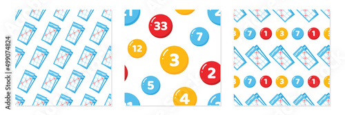 Set, collection of three vector seamless pattern backgrounds with lottery tickets and colorful lottery numbered balls.