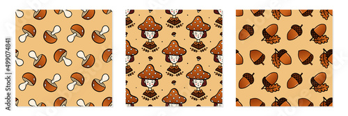 Set, collection of three vector seamless pattern backgrounds for autumn, fall design with mushrooms, acorns and girl wearing dotted mushroom hat.
