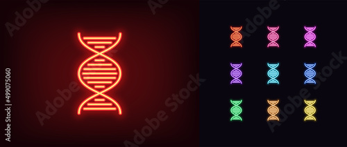Outline neon DNA icon. Glowing neon DNA helix sign, gene pictogram