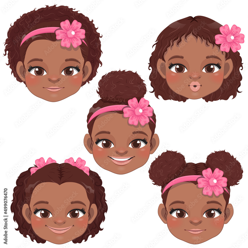 Cute Black Baby Girl Face Collection, American African Cartoon