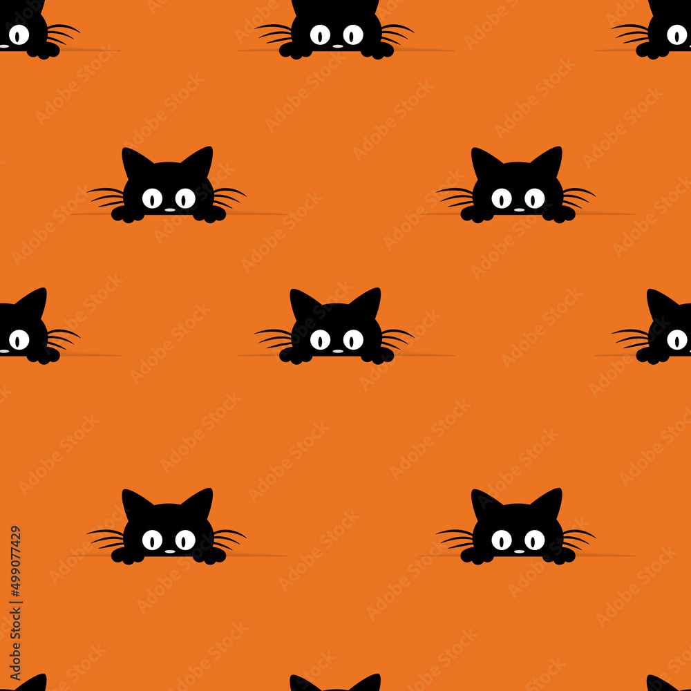 Happy Halloween seamless pattern,  postcard, banner, flyer on orange background with spiders, web, bats and black kitten. Paper cut style.