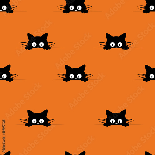 Fototapeta Naklejka Na Ścianę i Meble -  Happy Halloween seamless pattern,  postcard, banner, flyer on orange background with spiders, web, bats and black kitten. Paper cut style.