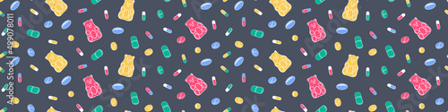 Seamless pattern with pills and jelly bears. Biologically active supplements and vitamins on gray background. Vector illustration.