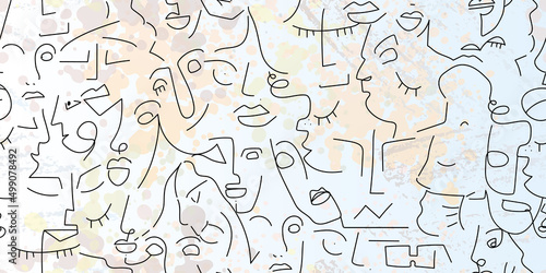 One line drawing. Abstract face seamless pattern.