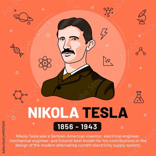 Vector illustration of famous personalities: Nikola Tesla with bio