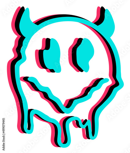 Smile melt face with devil horns burn t-shirt print design. Vector trendy cartoon character illustration. Abstract neon glitch. Smile melt face, demon, hell, techno print for t-shirt, poster concept