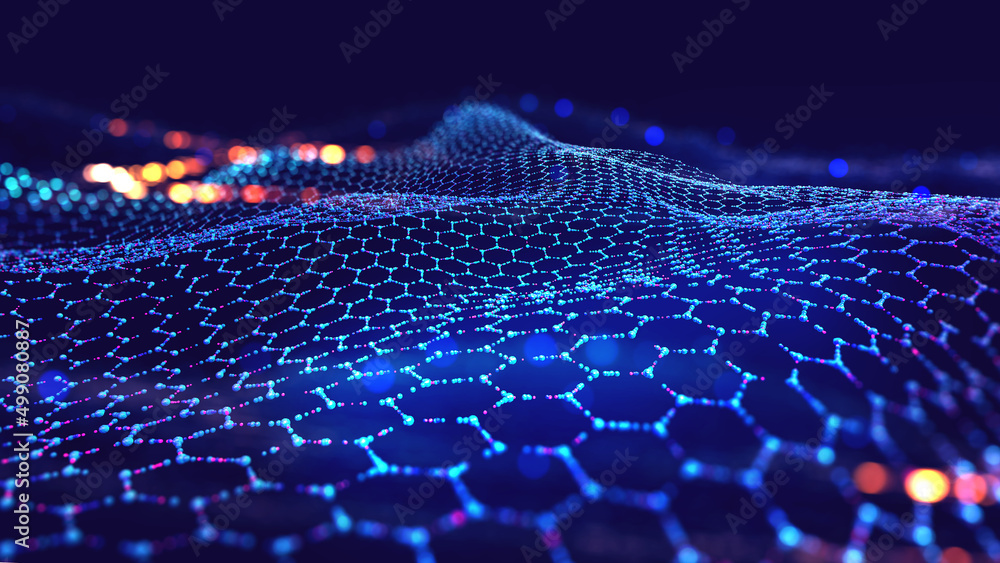 © Siarhei - Hexagonal nano grid. Molecular network of connected honeycombs. Neural network. Concept of nanotechnology and big data. 3D illustration of particle field in cyberspace © Siarhei - Hexagonal nano grid. Molecular network of connected honeycombs. Neural network. Concept of nanotechnology and big data. 3D illustration of particle field in cyberspace