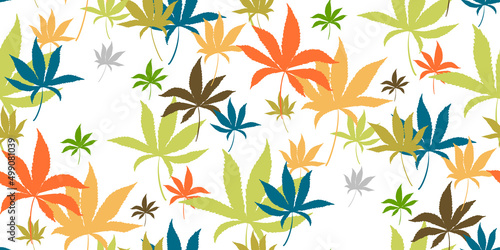 Seamless pattern with colorful marijuana hemp leaves on white. Vintage pattern cannabis leaves. for medical design. Marijuana Legalization. Template for textile , packaging materials, banner. Vector