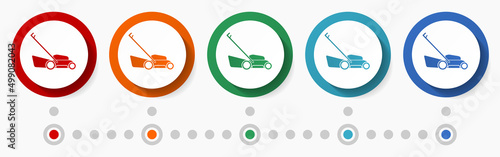 Lawn mower concept vector icon set, infographic template, flat design colorful web buttons in 5 color options
