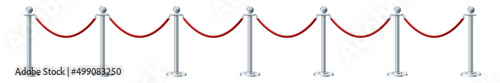 Retractable belt rack. Portable tape barrier. Red carpet with red ropes on silver stanchions. Exclusive event, movie premiere, gala, ceremony, awards concept. Vector