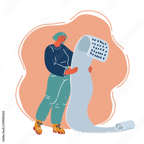 Vector illustration of woman holding a long to-do list or shopping list with a checkmark. Woman planning month and current tasks.
