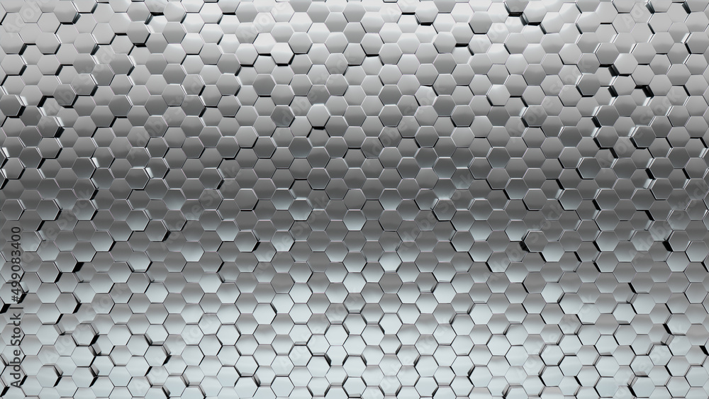 Hexagonal, Polished Mosaic Tiles arranged in the shape of a wall. 3D, Glossy, Bullion stacked to create a Silver block background. 3D Render Hexagonal, Polished Mosaic Tiles arranged in the shape of a wall. 3D, Glossy, Bullion stacked to create a Silver block background. 3D Render