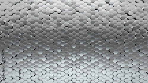 Hexagonal, Polished Mosaic Tiles arranged in the shape of a wall. 3D, Glossy, Bullion stacked to create a Silver block background. 3D Render