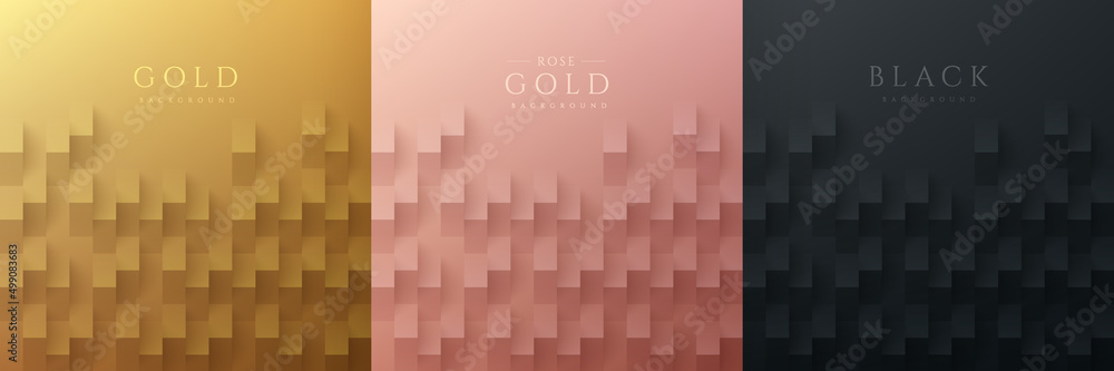 Set of abstract golden, rose gold and black 3D paper cut design pattern background with copy space. Luxury and elegant concept. Can use for cover, artwork, print ad, poster. Simple and minimal style.