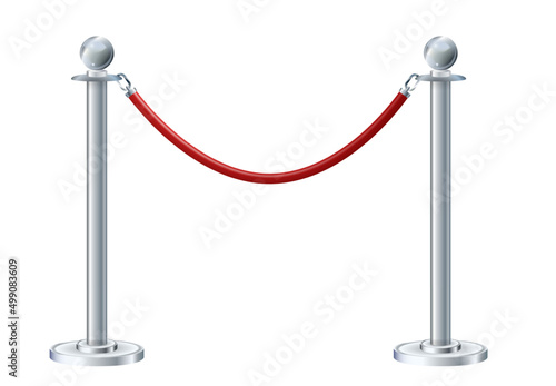 Retractable belt rack. Portable tape barrier. Red carpet with red ropes on silver stanchions. Exclusive event, movie premiere, gala, ceremony, awards concept. Vector