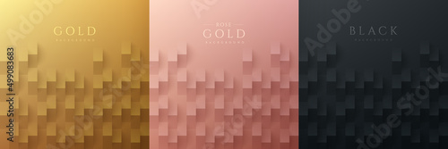 Set of abstract golden, rose gold and black 3D paper cut design pattern background with copy space. Luxury and elegant concept. Can use for cover, artwork, print ad, poster. Simple and minimal style.