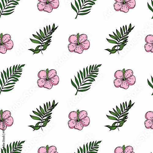 A seamless drawing of a tropical hibiscus flower. A hand-drawn sketch of a bright flower in doodle style. Tropics. Bright greens. Palm leaves. Pink hibiscus. Isolated vector illustration.