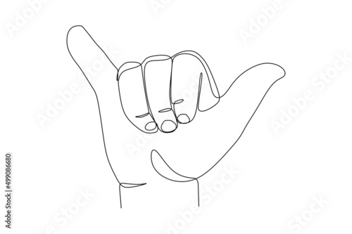 continuous one line drawing of shaka sign. Hang loose hand gesture of friendly intent often associated with Hawaii and surf culture. vector illustration