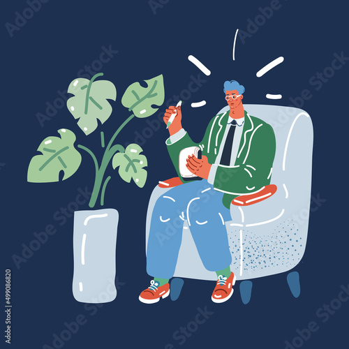 Vector illuatration of psychoanalyst man sitting in armchair, psychotherapist, discussing with psychotherapist his problems, practitioner making some notes over dark background