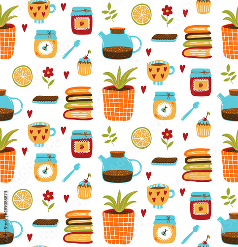 Cute cozy home icons tea jam honey house plant seamless vector pattern. Vector illustration