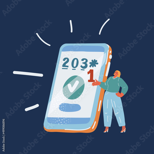 Vector illuatration of woman pup pincode in smartphone over dark background