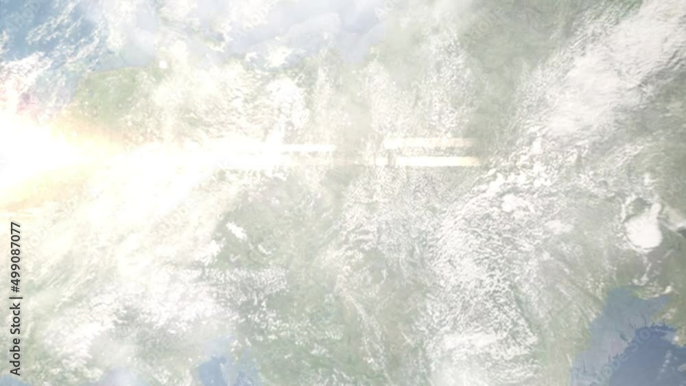 Earth zoom in from outer space to city. Zooming on Gliwice, Poland. The animation continues by zoom out through clouds and atmosphere into space. Images from NASA