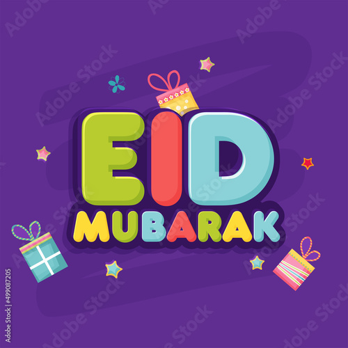 Sticker Style Colorful Eid Mubarak Font With Gift Boxes  Stars Decorated On Purple Background.