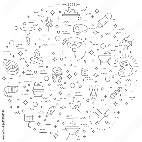 Simple Set of barbecue and Grill Related Vector Line Illustration. Contains such Icons as BBQ, picnic, camping, meat, steak, food, outdoor, hiking, sausages, beef and Other Elements.