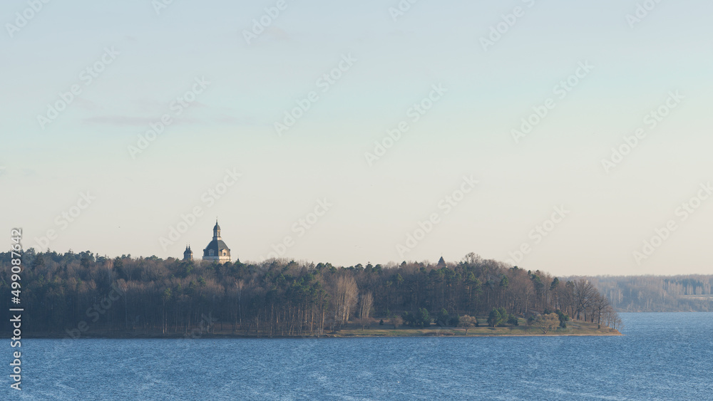 Pažaislis beautiful view, nice perspective. view of the Kaunas lagoon. Beautiful Lithuanian nature. Pazaislis at sunrise in Kaunas...