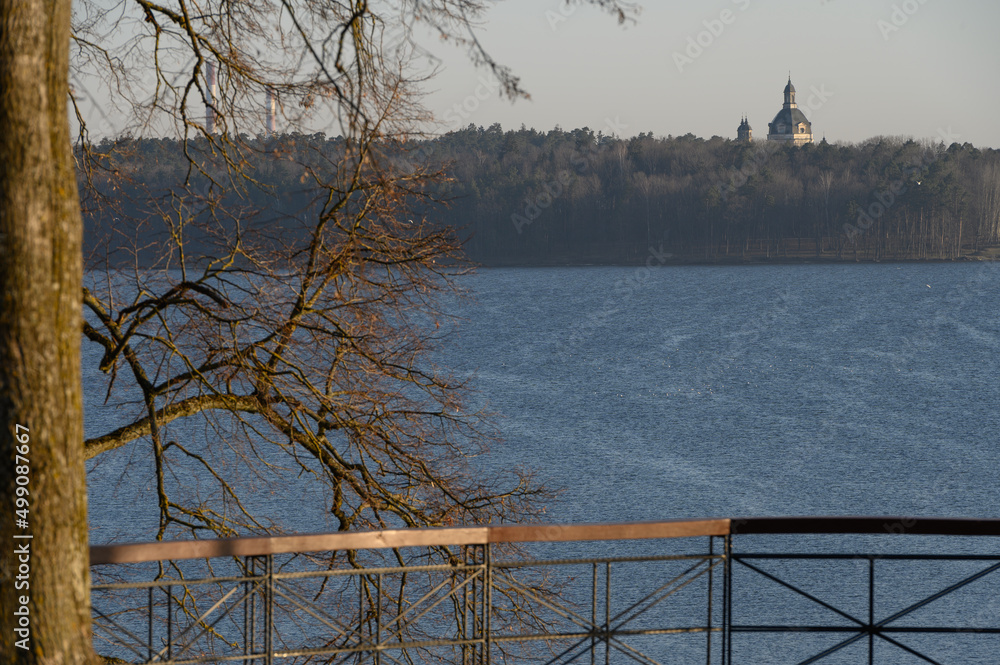 Pažaislis beautiful view, nice perspective. view of the Kaunas lagoon. Beautiful Lithuanian nature. Pazaislis at sunrise in Kaunas...
