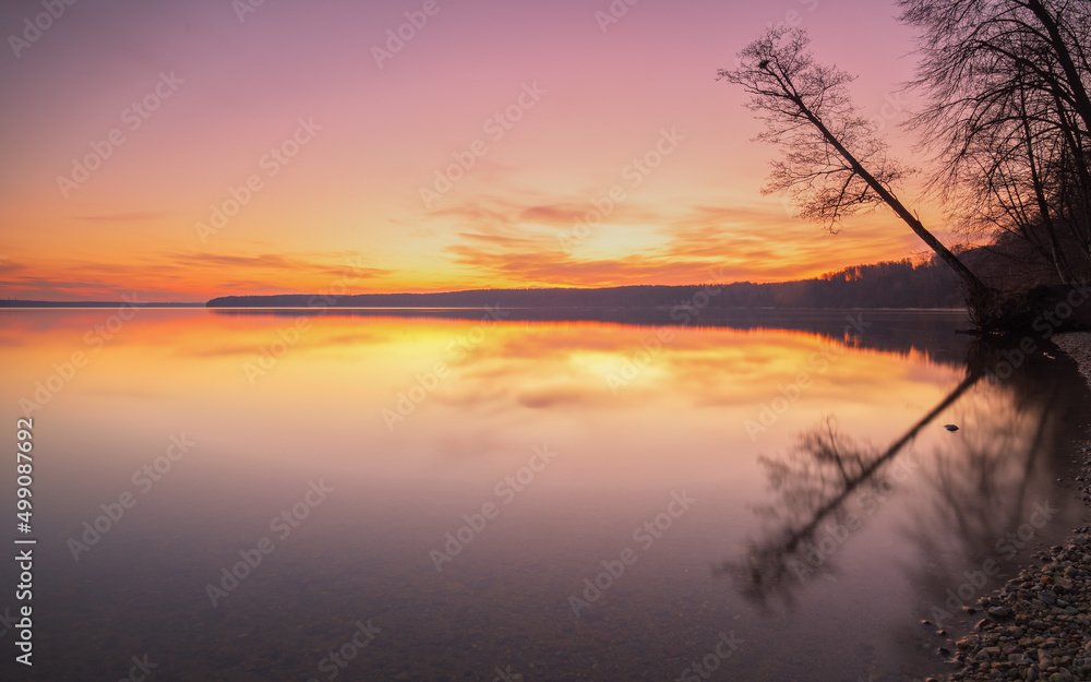 Kaunas lagoon unique Lithuania sunrise morning in beautiful colours. long exposure, wide angle, nd grad filter. Travel stunning europe landscapes. Wonderful morning reflections, meditation, relaxation