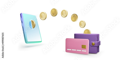 3d mobile phone with gold coins wallet with credit card. Online payment or money transaction concept. Wireless financial management and banking app