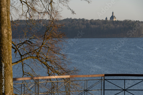 Obraz na płótnie Pažaislis beautiful view, nice perspective. view of the Kaunas lagoon. Beautiful Lithuanian nature. Pazaislis at sunrise in Kaunas... w salonie
