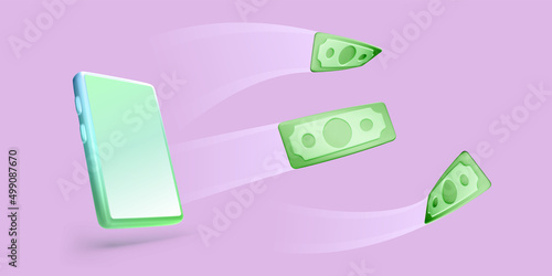 Mobile phone with flying paper currency in realistic cartoon style. Online financial management concept