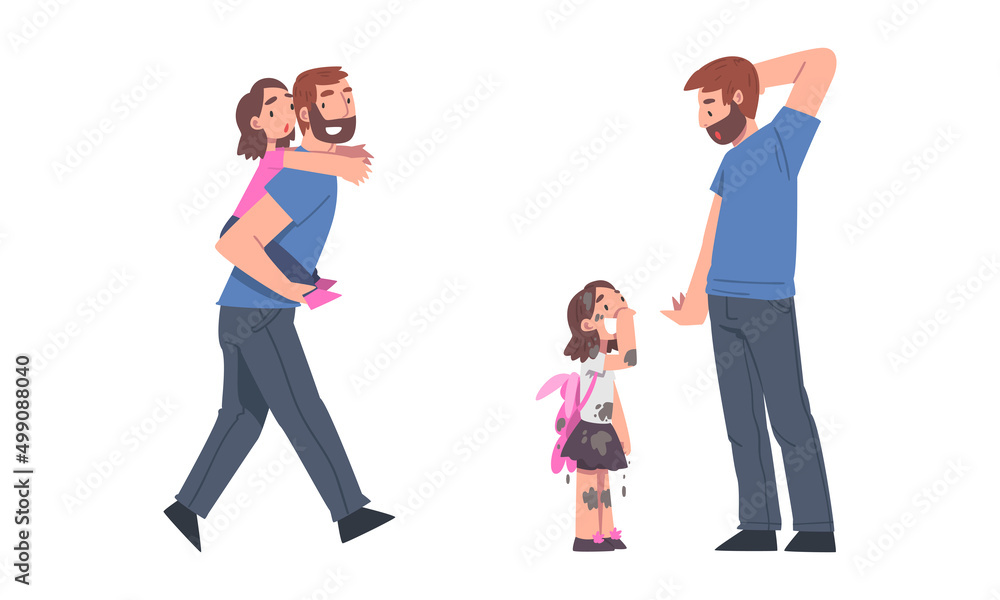 Dads having good time with their kids set. Father giving daughter piggyback ride and having fun together cartoon vector illustration Dads having good time with their kids set. Father giving daughter piggyback ride and having fun together cartoon vector illustration
