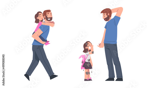 Dads having good time with their kids set. Father giving daughter piggyback ride and having fun together cartoon vector illustration